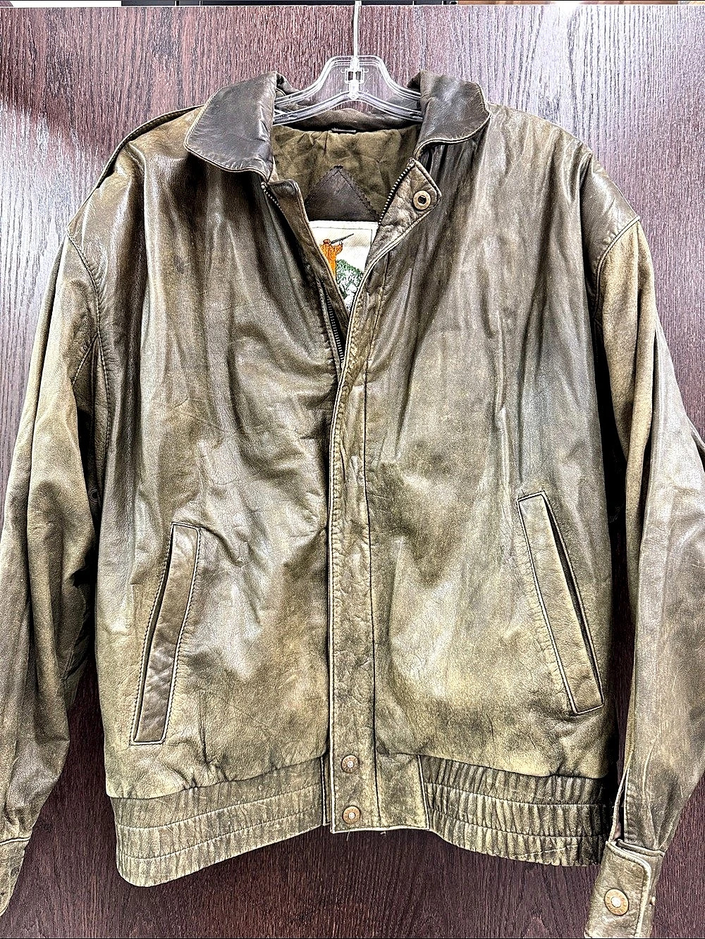Luis Alvear Leather Bomber Jacket - Green - Size Large